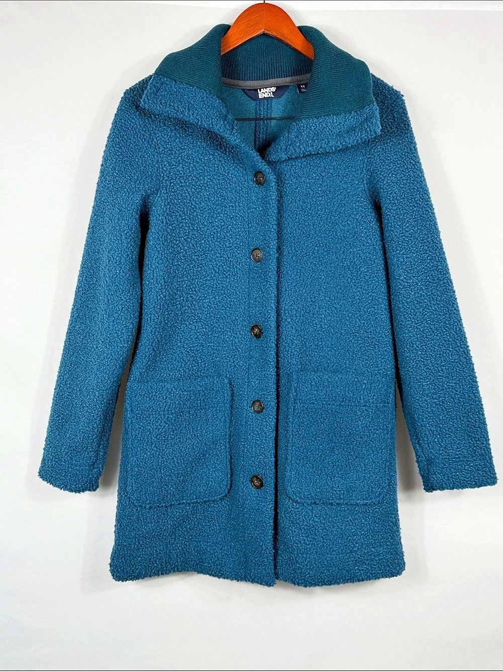 Lands' End Cozy Sherpa Teddy Fleece Button Down Coat in Teal Blue Size XS.